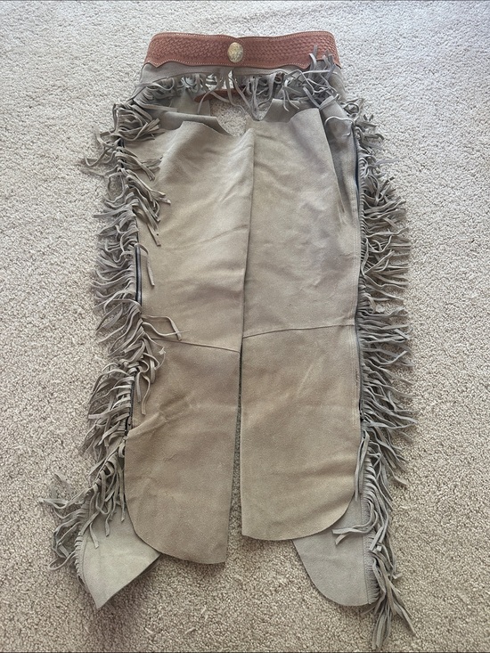 Vintage Pants - Womens tan Brown Suede Fringe Chaps | Size XL | Western leather
